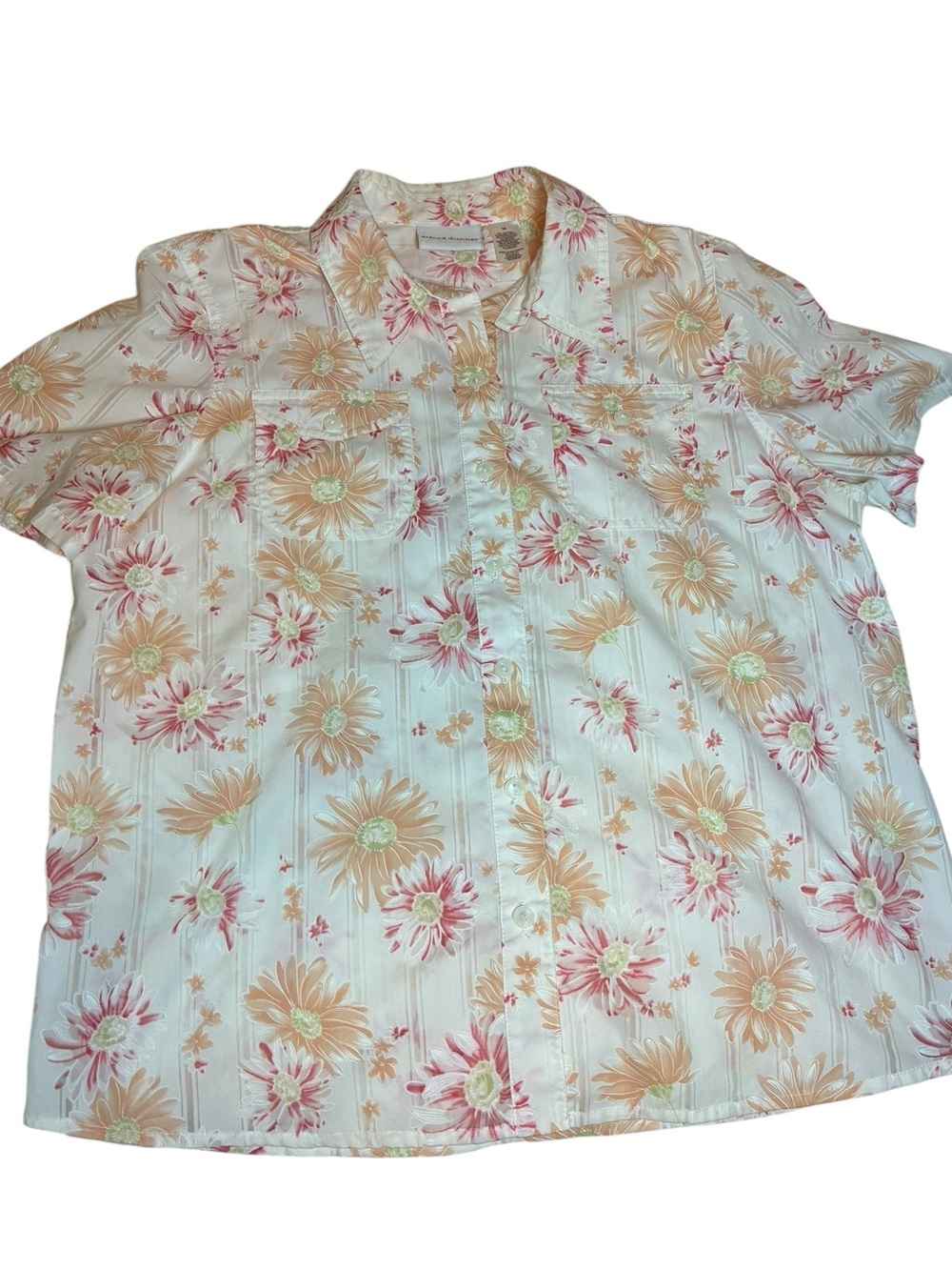 Alfred Dunner Tropical Floral Button Up Shirt Women Size 14 Pink Hawaiian Resort